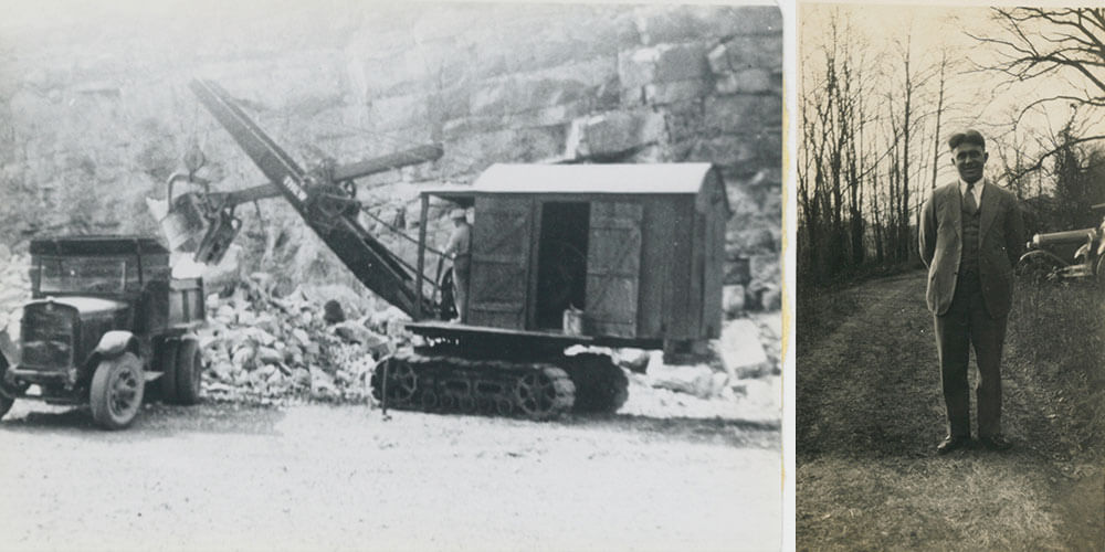 Two images from 1937: An antique dump truck and antique backhoe quarrying stone; and an old photo of Paul Rohrer