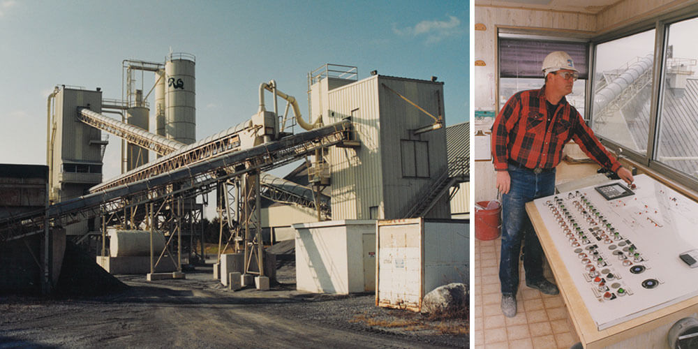 Two photos: a growing stone crushing facility and a male operator overseeing crusher quality control in 1988